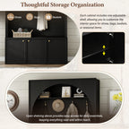 ON-TREND Farmhouse All-in-One Hall Tree with Adjustable Shelves, Retro Arched Entryway Storage Bench with 3 Cabinets, Wooden Coat Rack Organizer with 4 Golden Hooks for Mudroom, Hallway, Black - Grand Goldman Shop