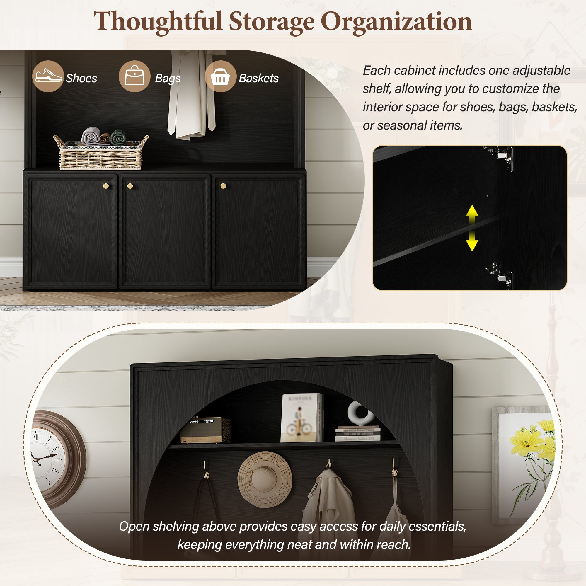 ON-TREND Farmhouse All-in-One Hall Tree with Adjustable Shelves, Retro Arched Entryway Storage Bench with 3 Cabinets, Wooden Coat Rack Organizer with 4 Golden Hooks for Mudroom, Hallway, Black - Grand Goldman Shop
