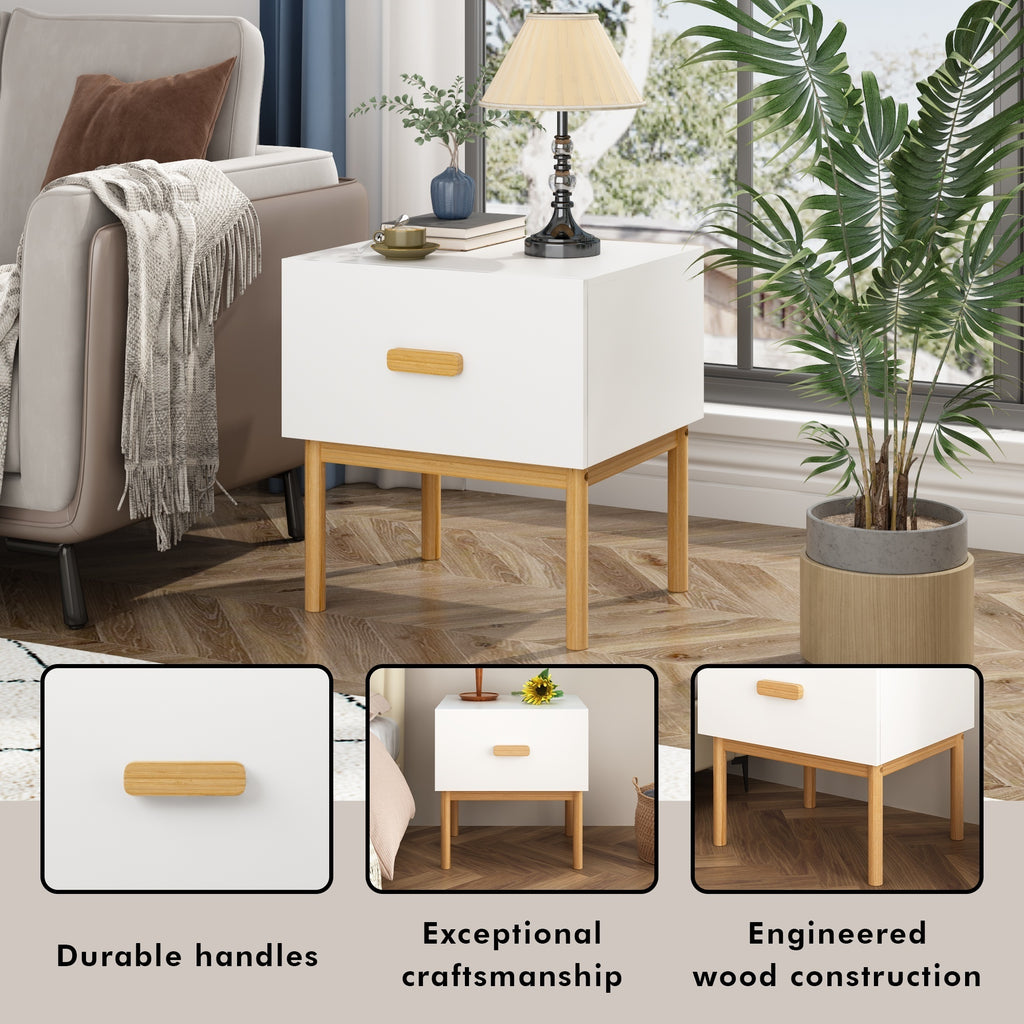 Modern White Nightstand with Drawer and Wood Legs, Minimalist Bedside Table with Handle for Bedroom, Living Room, Apartment - Grand Goldman Shop