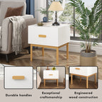 Modern White Nightstand with Drawer and Wood Legs, Minimalist Bedside Table with Handle for Bedroom, Living Room, Apartment - Grand Goldman Shop