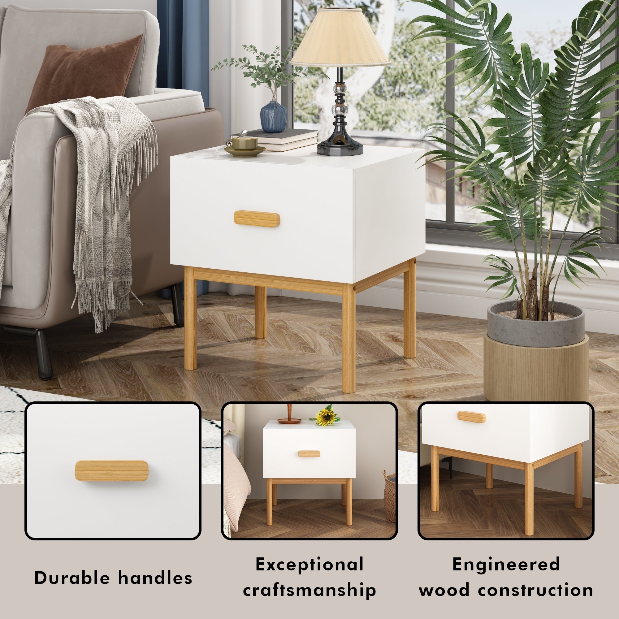 Modern White Nightstand with Drawer and Wood Legs, Minimalist Bedside Table with Handle for Bedroom, Living Room, Apartment - Grand Goldman Shop