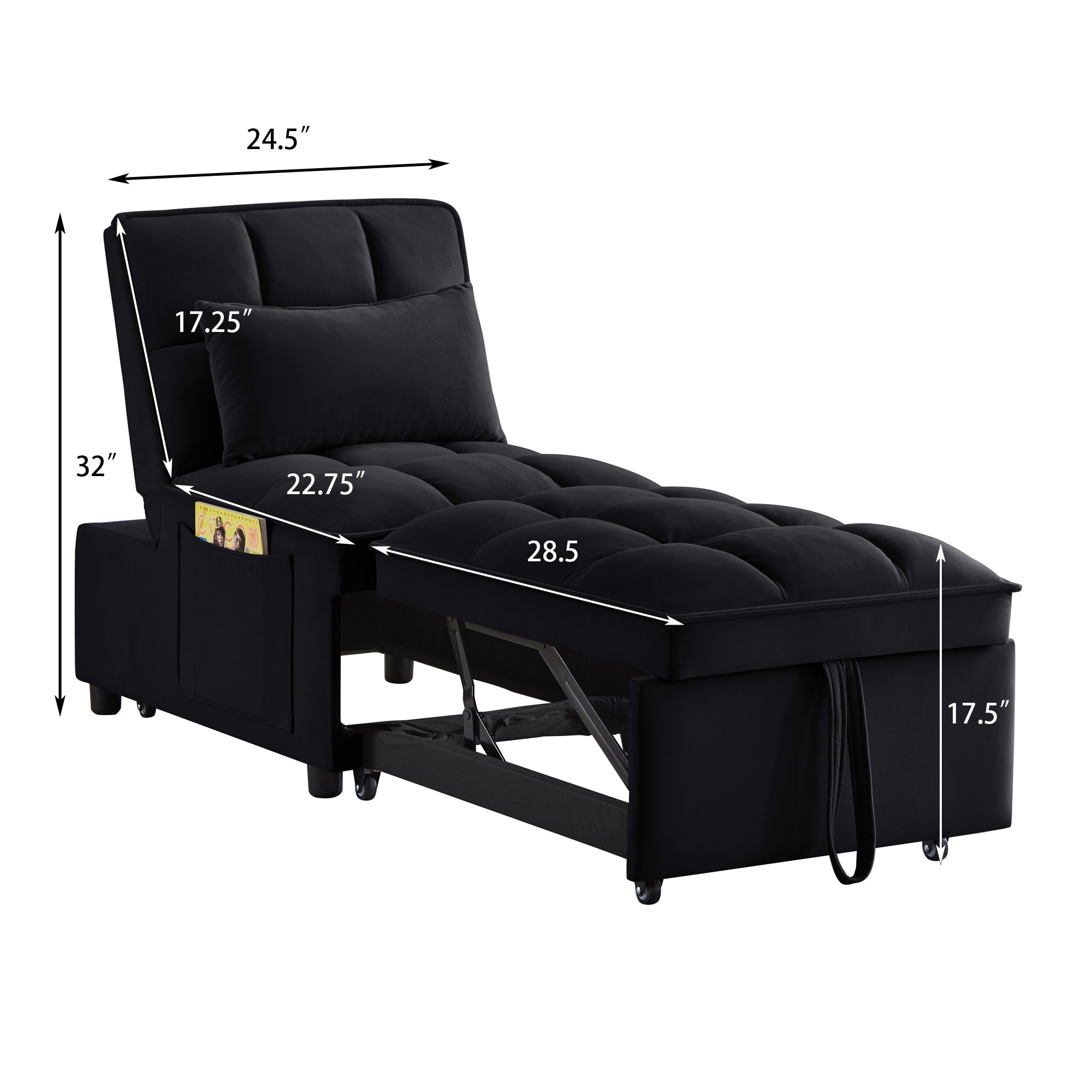 4 in1 Multi-Function Single Sofa Bed with Storage Pockets,Tufted Single Pull-out Sofa Bed with Adjustable Backrest and Pillows ,Convertible  Chaise Lounge,Black - Grand Goldman Shop