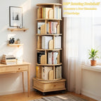6 Tier Rotating Bookshelf, 360° Display Round Spinning Bookshelf with Wheels and Drawer, Space-Saving, Small Space Rotating Bookshelf Tower for Bedroom, Living Room, Home, Office, Wood Color - Grand Goldman Shop