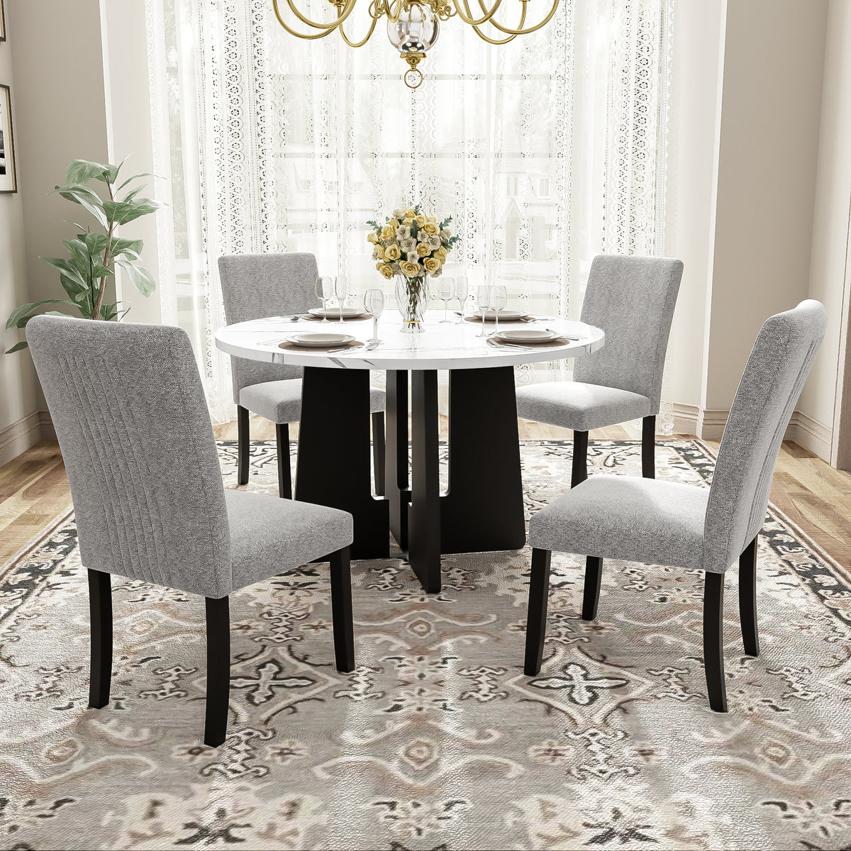 5-Piece Round Dining Table set, 43-Inch Modern Dining Table and 4 Upholstered Chairs for Dining Room, Kitchen Room, Living Room, Easy Assembly - Grand Goldman Shop