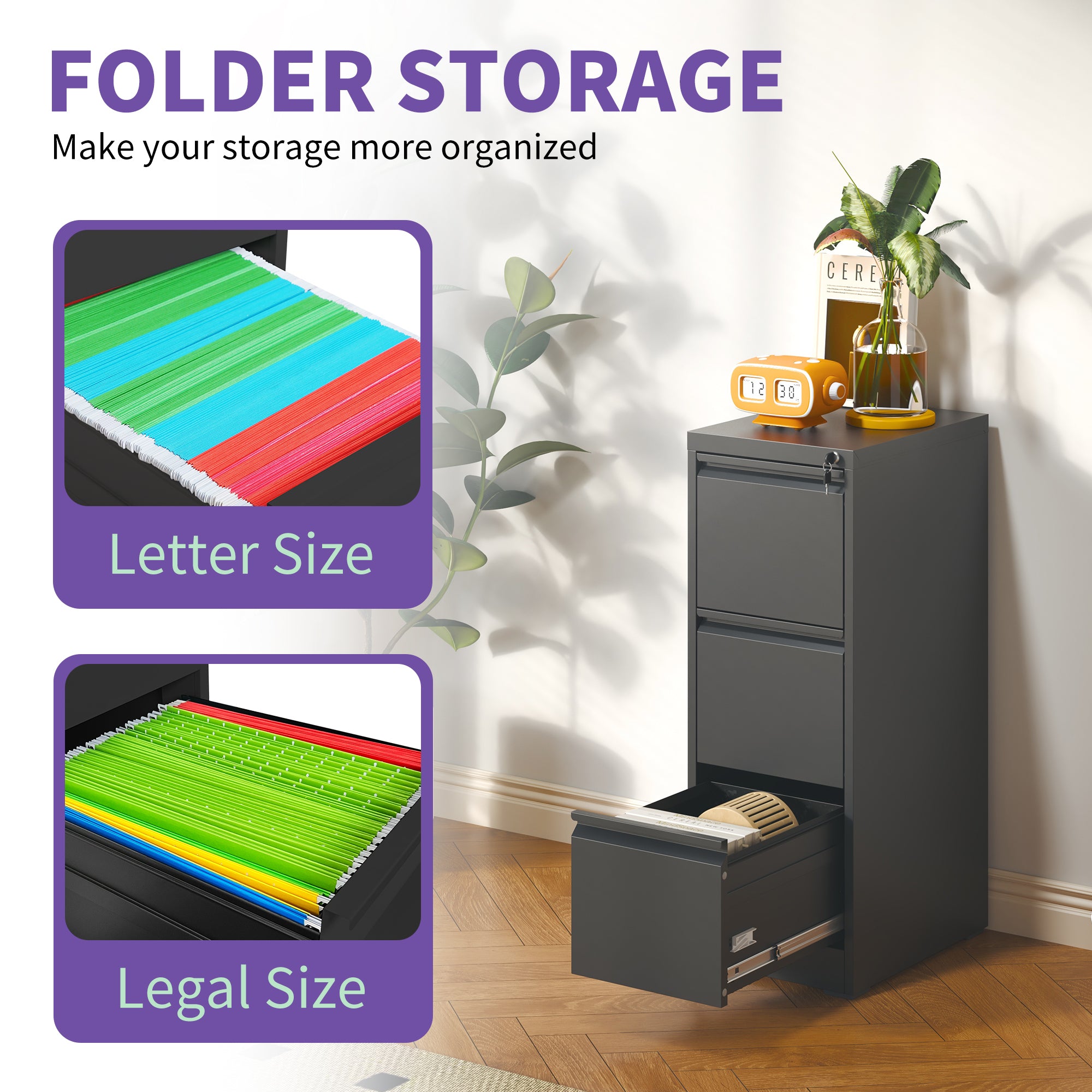 SteelCraft 3 Drawer Metal Vertical File Cabinet with Lock, Black, Steel, 15.16x17.72x40.39 inches | Premium Home Decor - Gran
