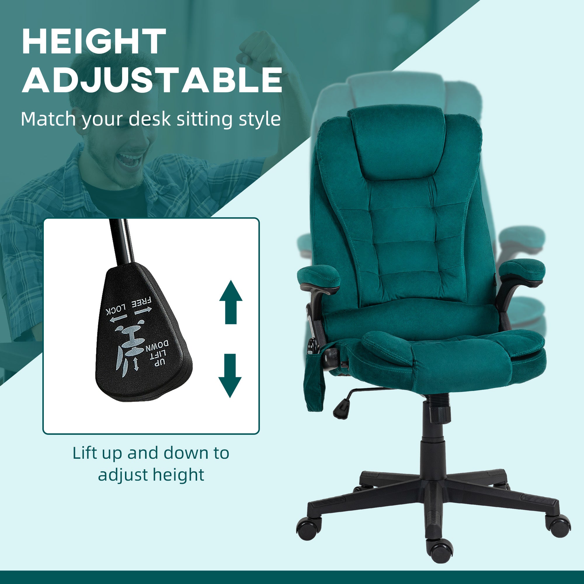 HOMCOM 6 Point Vibrating Massage Office Chair with Heat, Velvet High Back Executive Office Chair with Reclining Backrest, Pad