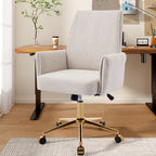 Ergonomic Mid-Back Office Chair with Striped Fabric, White Corduroy, Adjustable Lumbar Support and Gold Base, 25.2 x 24.0 x 3