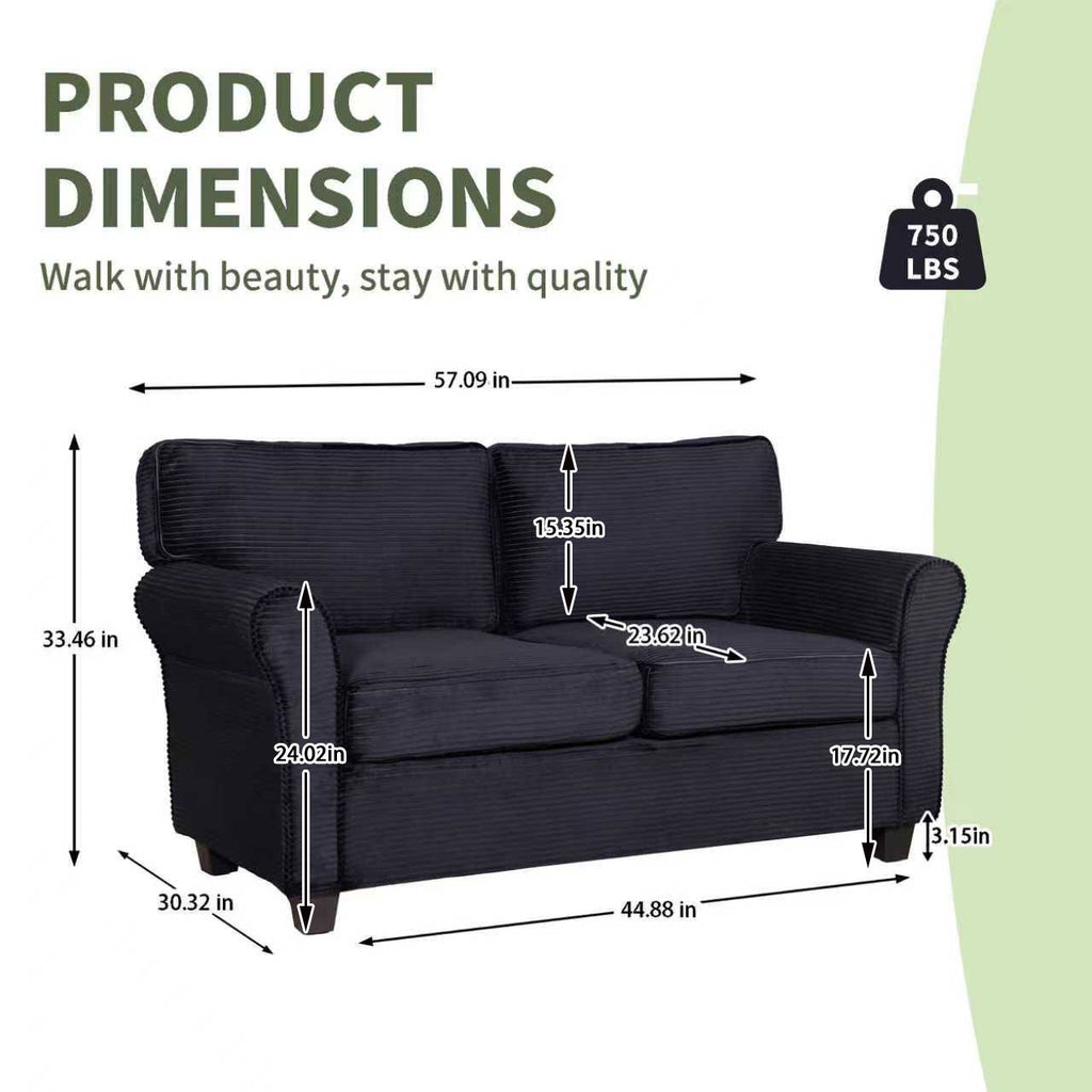 57' Modern 2-Seater Corduroy Sofa With Removable Backrest & Seat Cushions,Padded Armrests,High Rebound Sponge Filled with Solid Wood and Composite Frame,Easy Assembly For Living Room,Bedroom,Office. - Grand Goldman Shop