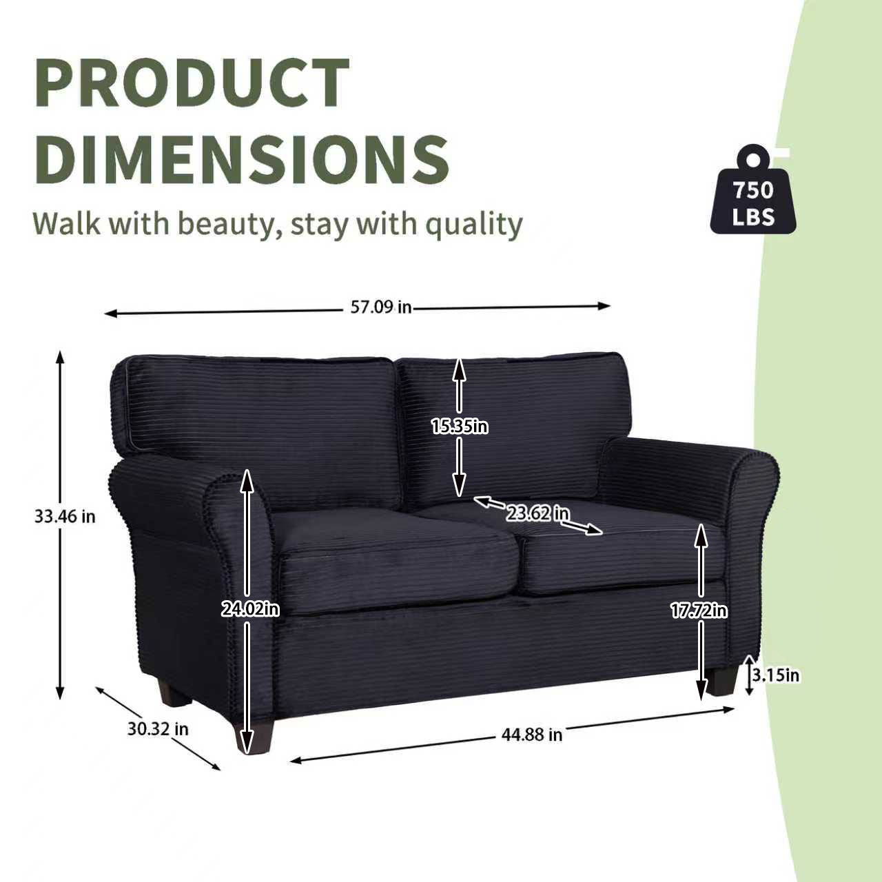 57' Modern 2-Seater Corduroy Sofa With Removable Backrest & Seat Cushions,Padded Armrests,High Rebound Sponge Filled with Solid Wood and Composite Frame,Easy Assembly For Living Room,Bedroom,Office. - Grand Goldman Shop