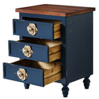 Vintage Farmhouse End Table with Floral Knobs – 19' Rustic Nightstand with 3 Drawers & Gourd Legs,Bedside or Sofa Accent Table, Almost Fully Assembled, Blue - Grand Goldman Shop