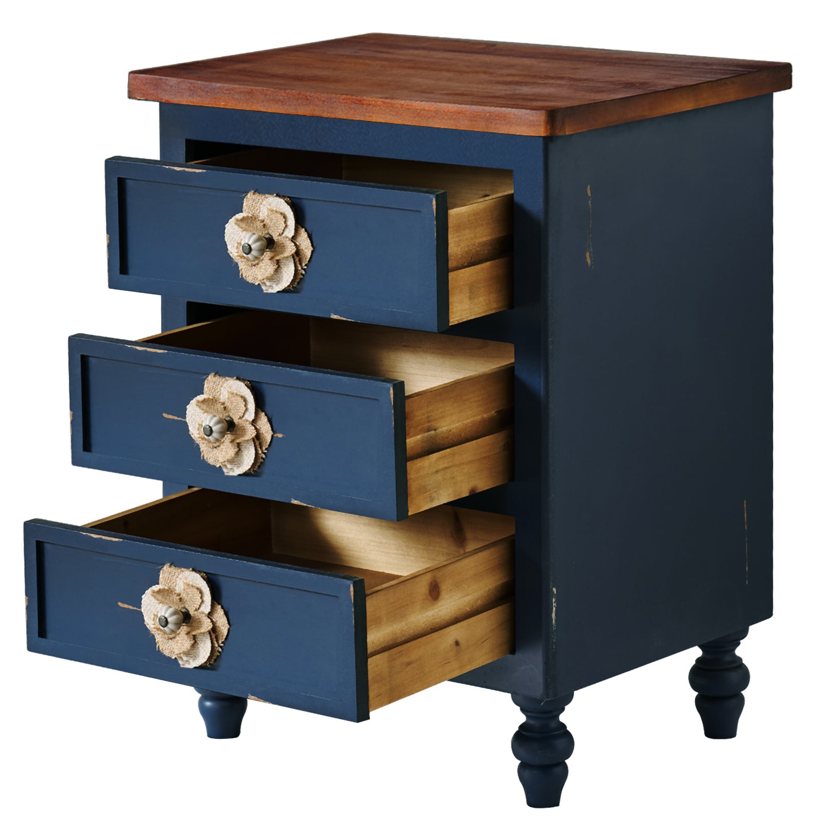 Vintage Farmhouse End Table with Floral Knobs – 19' Rustic Nightstand with 3 Drawers & Gourd Legs,Bedside or Sofa Accent Table, Almost Fully Assembled, Blue - Grand Goldman Shop