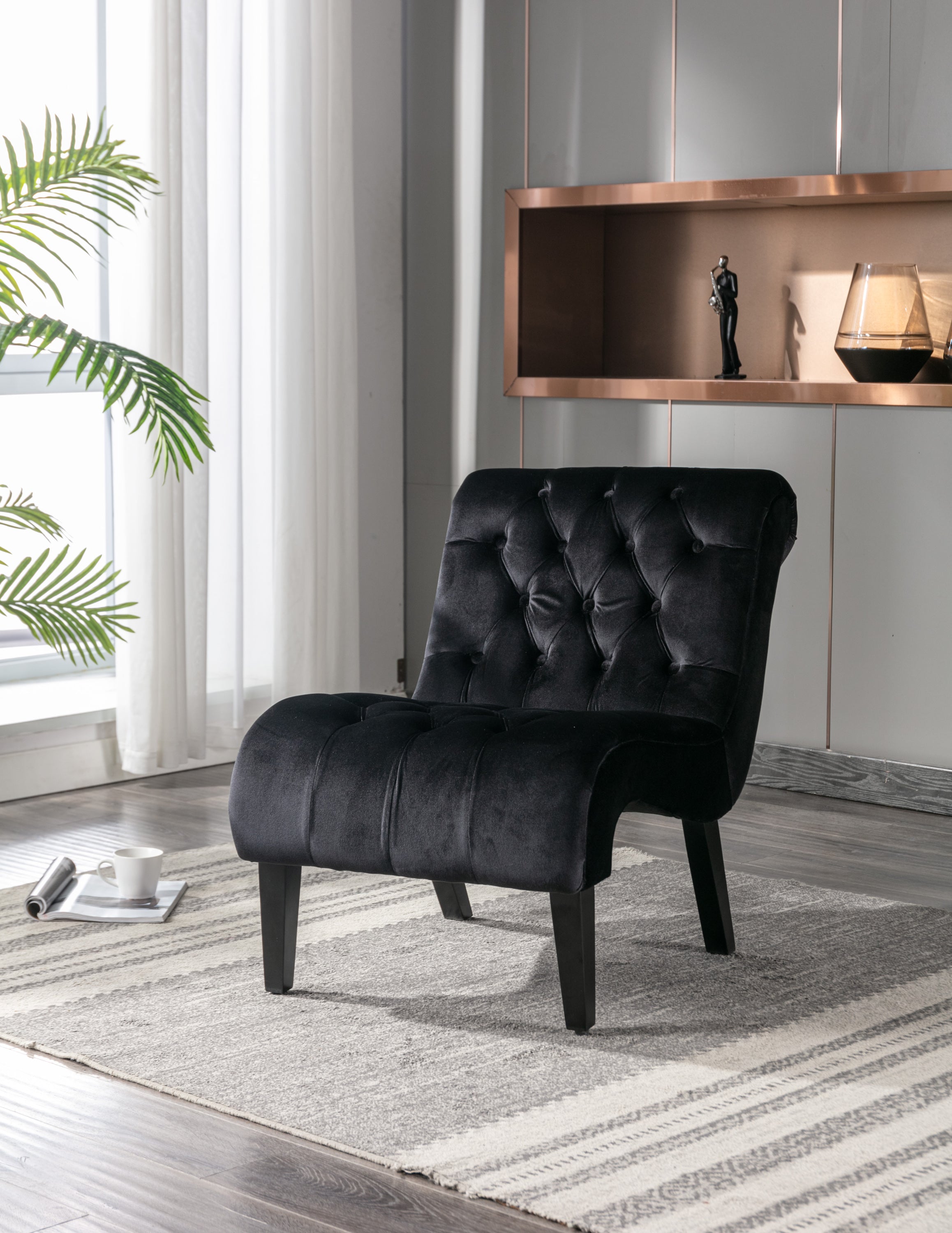 COOLMORE Modern Velvet Armless Accent Living Room Chair / Leisure Chair,Upholstered Fabric Button Comfortable Chair with Wooden Legs for Bedroom, Living Room, Office (Black Velvet) - Grand Goldman Shop