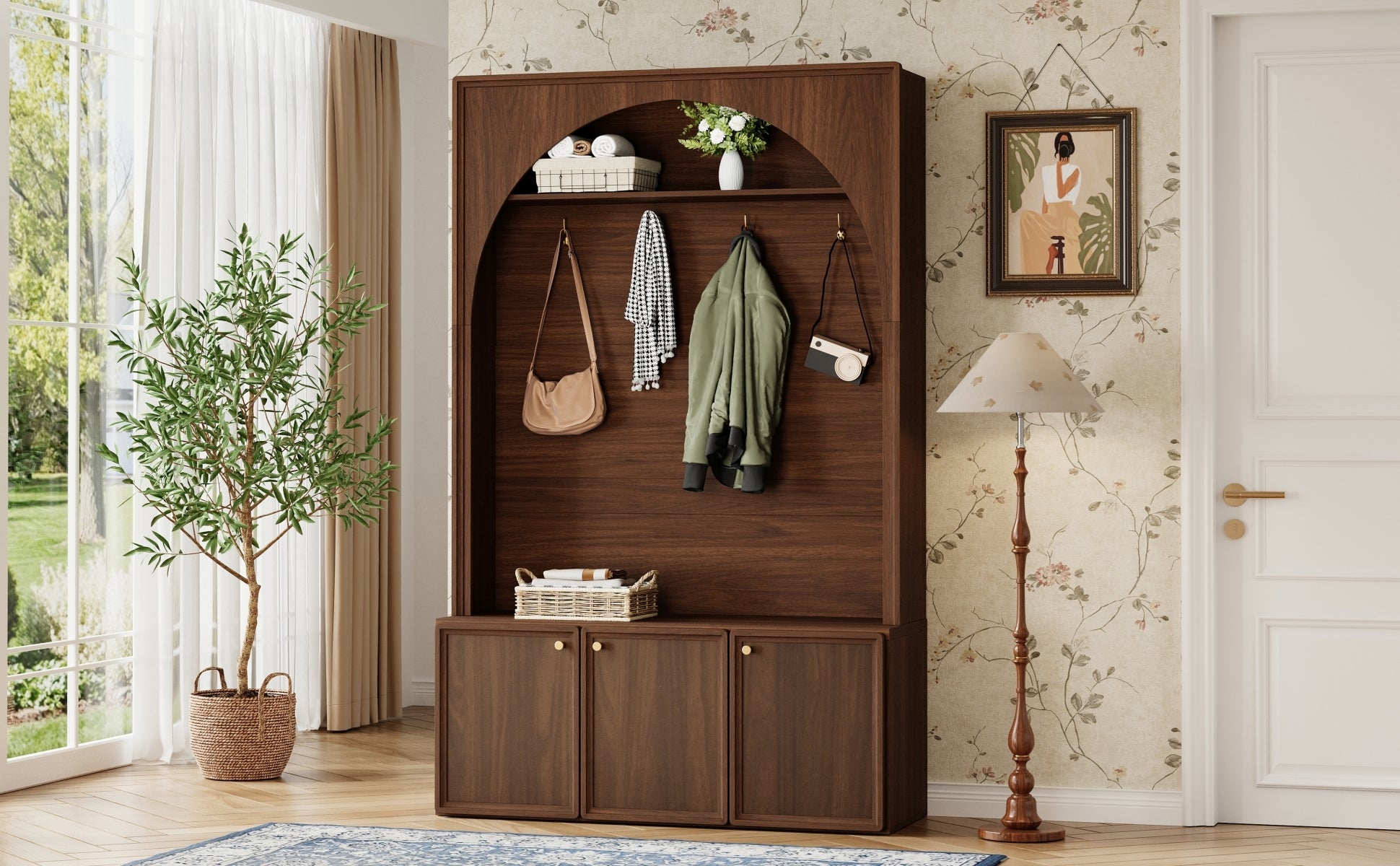 ON-TREND Farmhouse All-in-One Hall Tree with Adjustable Shelves, Retro Arched Entryway Storage Bench with 3 Cabinets, Wooden Coat Rack Organizer with 4 Golden Hooks for Mudroom, Hallway, Walnut - Grand Goldman Shop