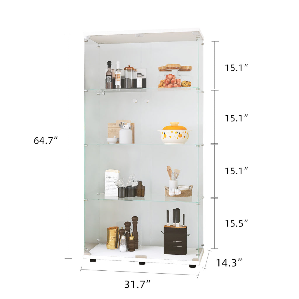 Two-door Glass Display Cabinet 4 Shelves with Door, Floor Standing Curio Bookshelf for Living Room Bedroom Office, 64.7'*31.7