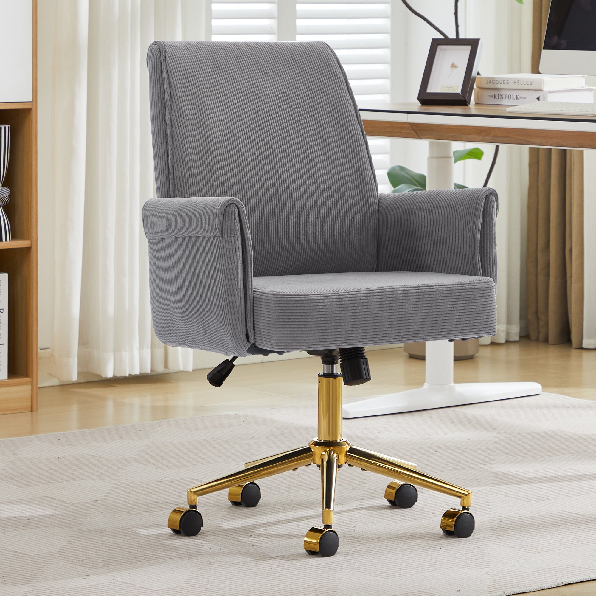 Ergonomic Mid-Back Office Chair with Striped Fabric in Gray, Corduroy Upholstery, Ideal for Work, Study, or Relaxation - Gran