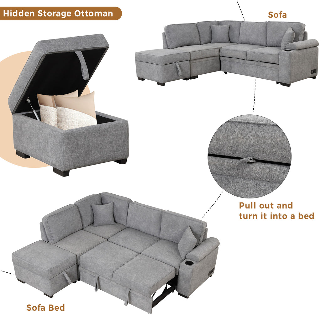 Modern Sleeper Sofa Bed with Storage Ottoman, Gray Linen, 84.75' L Shape Couch for Living Room or Apartment - Grand Goldman Shop