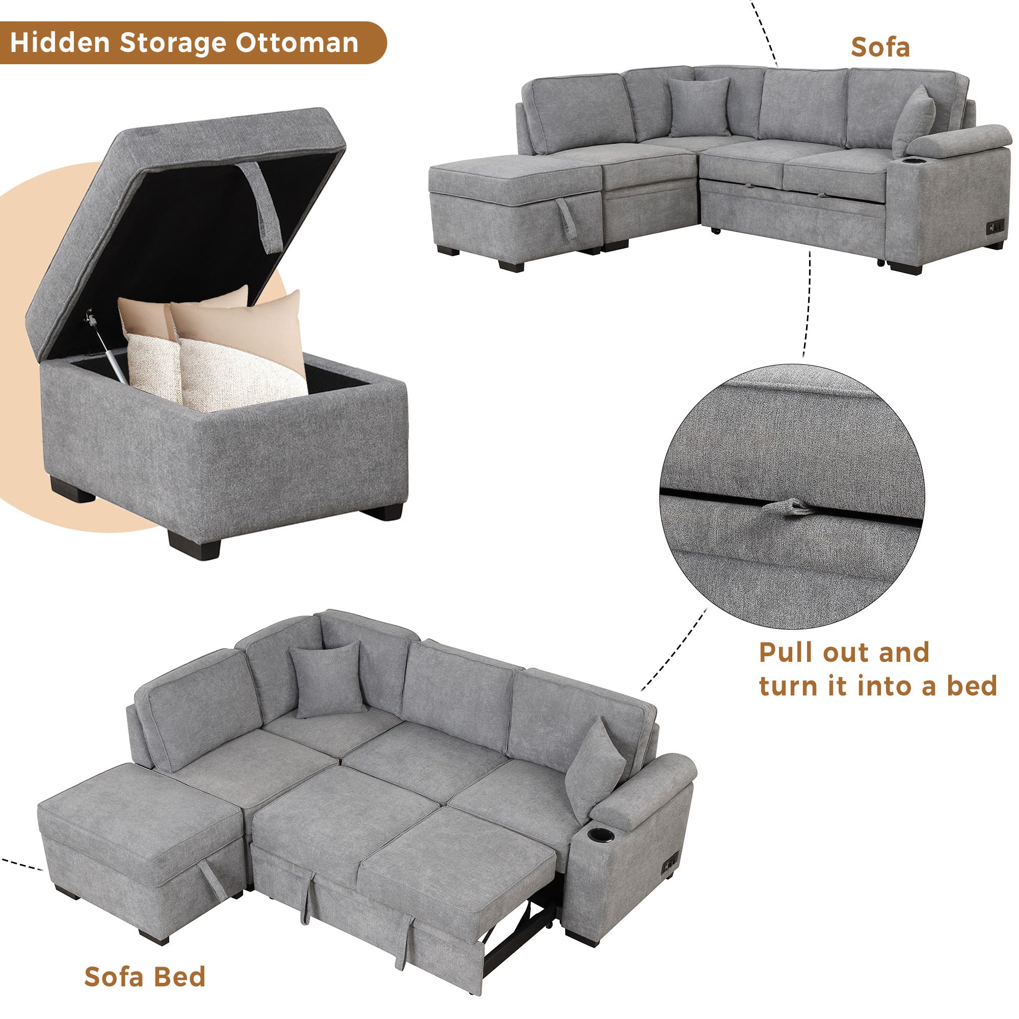 Modern Sleeper Sofa Bed with Storage Ottoman, Gray Linen, 84.75' L Shape Couch for Living Room or Apartment - Grand Goldman Shop