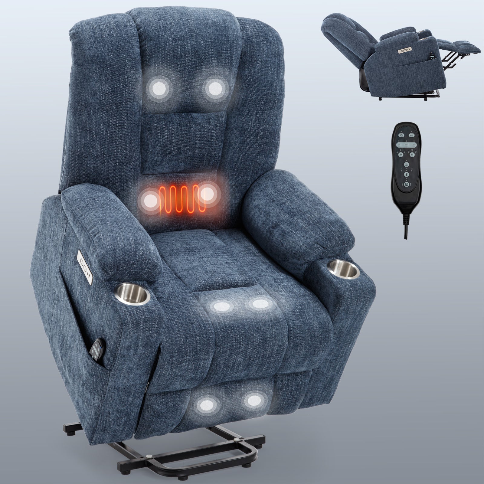 Power Lift Recliner Chair with Massage and Heat for Elderly, Overstuffed Wide Recliners, Heavy Duty Motion Mechanism with USB and Type C Ports, 2 Steel Cup Holders, Blue - Grand Goldman Shop