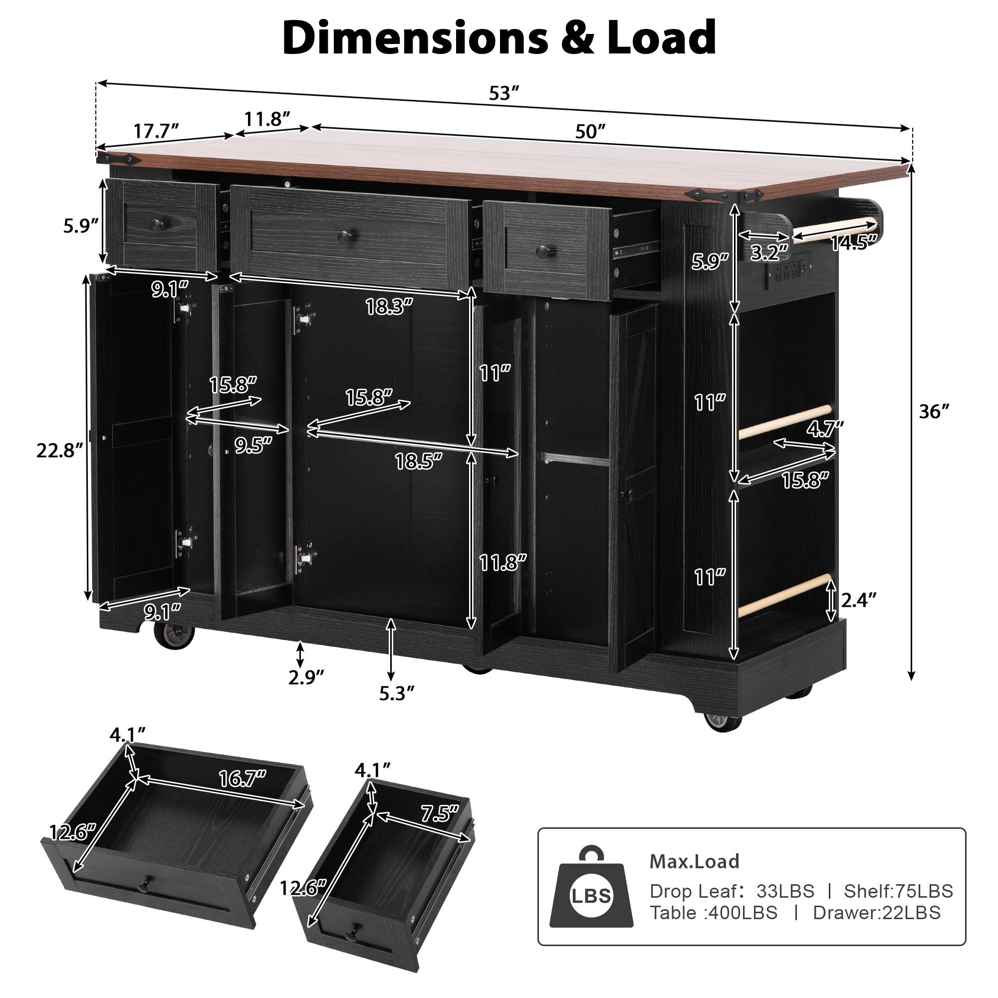 K&K 53'' Farmhouse Kitchen Island with Two Tempered Glass Cabinet Doors, Power Outlet, Rolling Kitchen Cart on Wheels with Drop Leaf, 5 Open Side Racks, 3 Drawers, for Kitchen, Dining Room, Black - Grand Goldman Shop