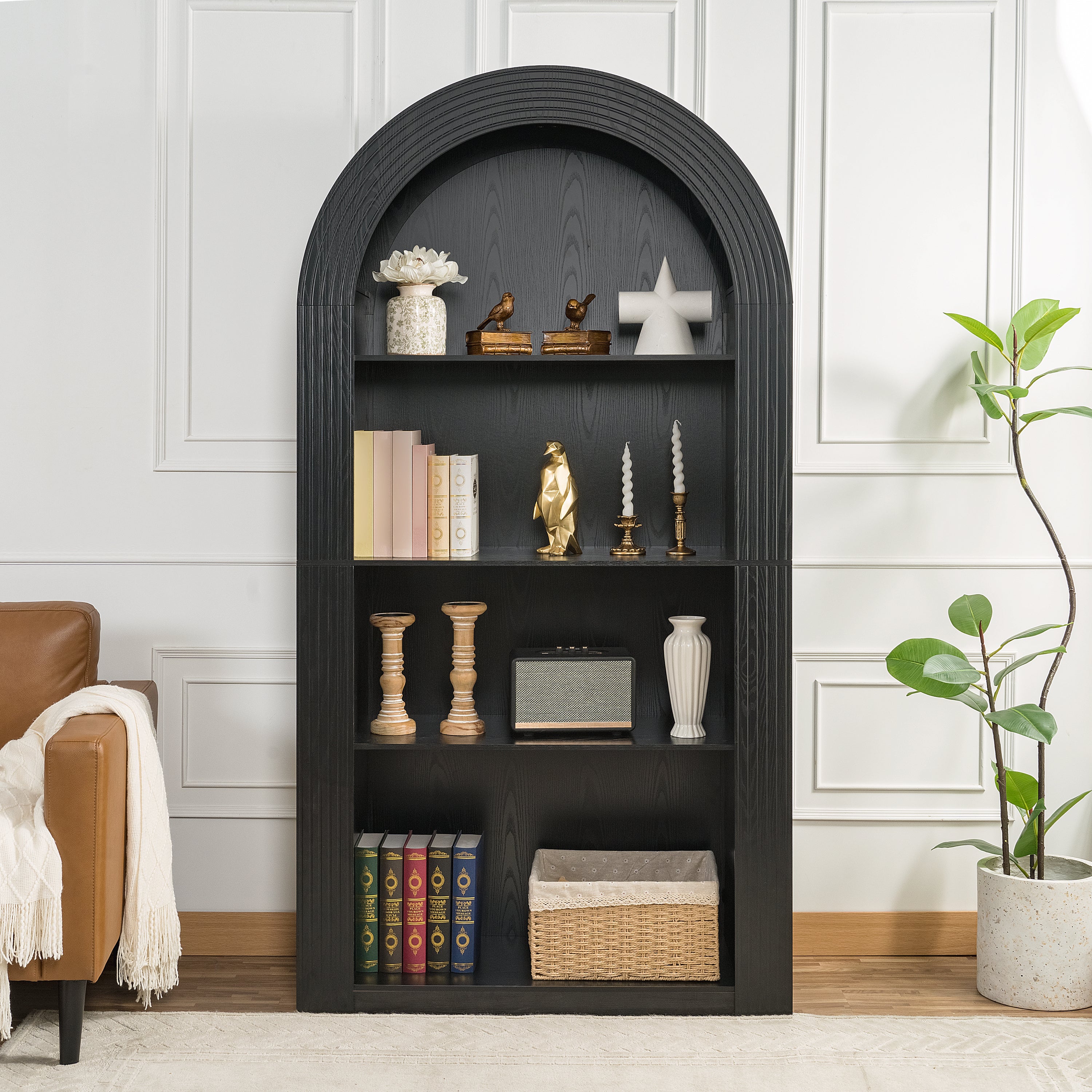 78.74' Tall Arched Bookcase, Mid Century Modern 4-Tier Arched Storage Bookcase with Open Display Storage Shelf for Dining Room, Living Room,Bedroom (Black) - Grand Goldman Shop