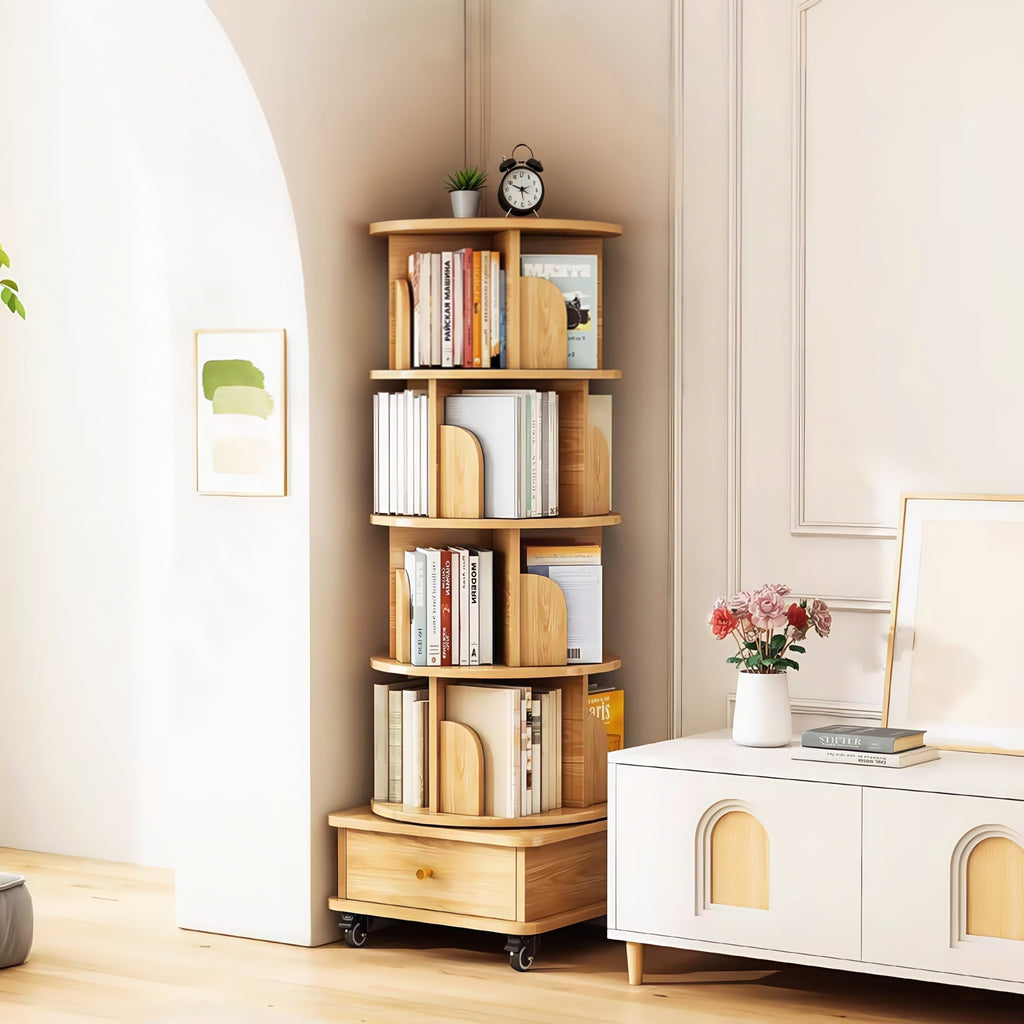 5 Tier Rotating Bookshelf, 360° Display Round Spinning Bookshelf with Wheels, Space-Saving, Small Space Rotating Bookshelf Tower for Bedroom, Living Room, Home, Office, Wood Color - Grand Goldman Shop