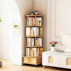 5 Tier Rotating Bookshelf, 360° Display Round Spinning Bookshelf with Wheels, Space-Saving, Small Space Rotating Bookshelf Tower for Bedroom, Living Room, Home, Office, Wood Color - Grand Goldman Shop