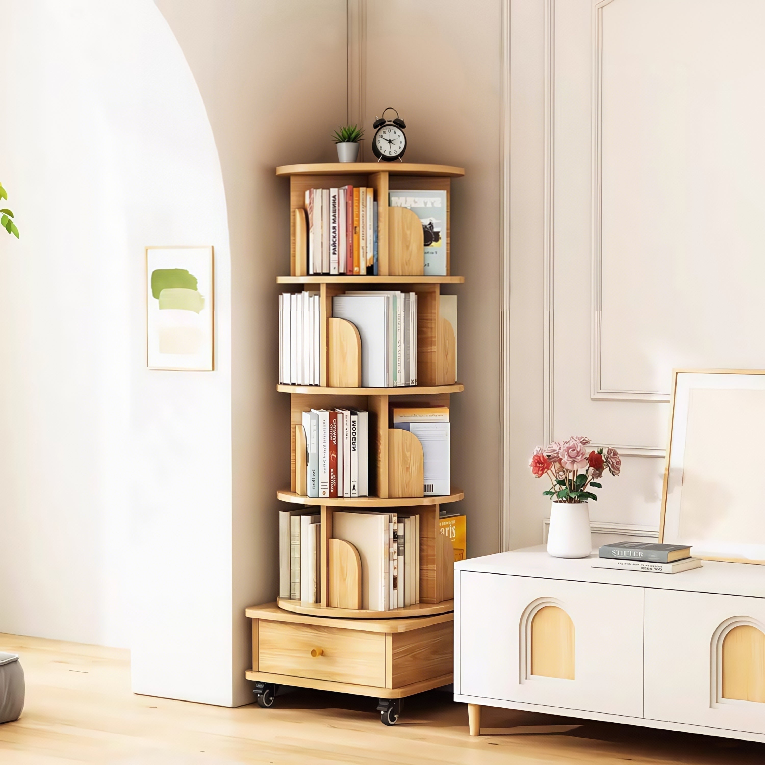 5 Tier Rotating Bookshelf, 360° Display Round Spinning Bookshelf with Wheels, Space-Saving, Small Space Rotating Bookshelf Tower for Bedroom, Living Room, Home, Office, Wood Color - Grand Goldman Shop