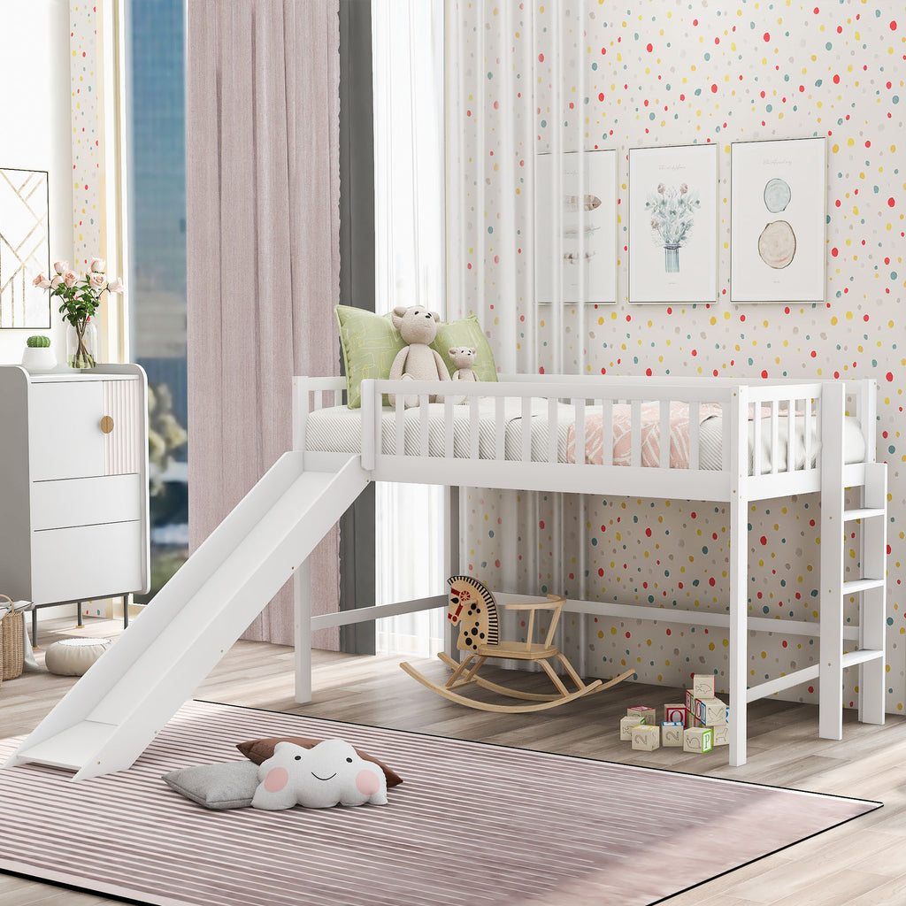 Twin Size Low Loft Bed with Ladder and Slide,White(OLD SKU:WF196418AAK) - Grand Goldman Shop