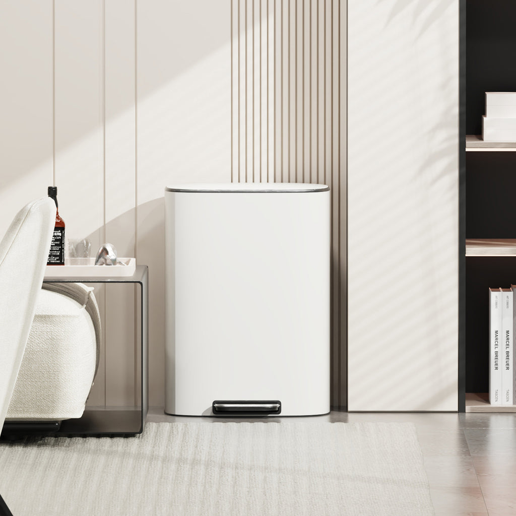 13 Gallon 50L Kitchen Foot Pedal Operated Soft Close Trash Can - Stainless Steel Ellipse Bustbin - White - Grand Goldman Shop