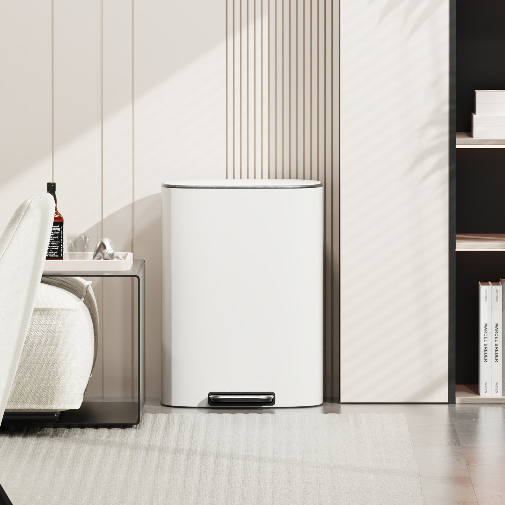 13 Gallon 50L Kitchen Foot Pedal Operated Soft Close Trash Can - Stainless Steel Ellipse Bustbin - White - Grand Goldman Shop