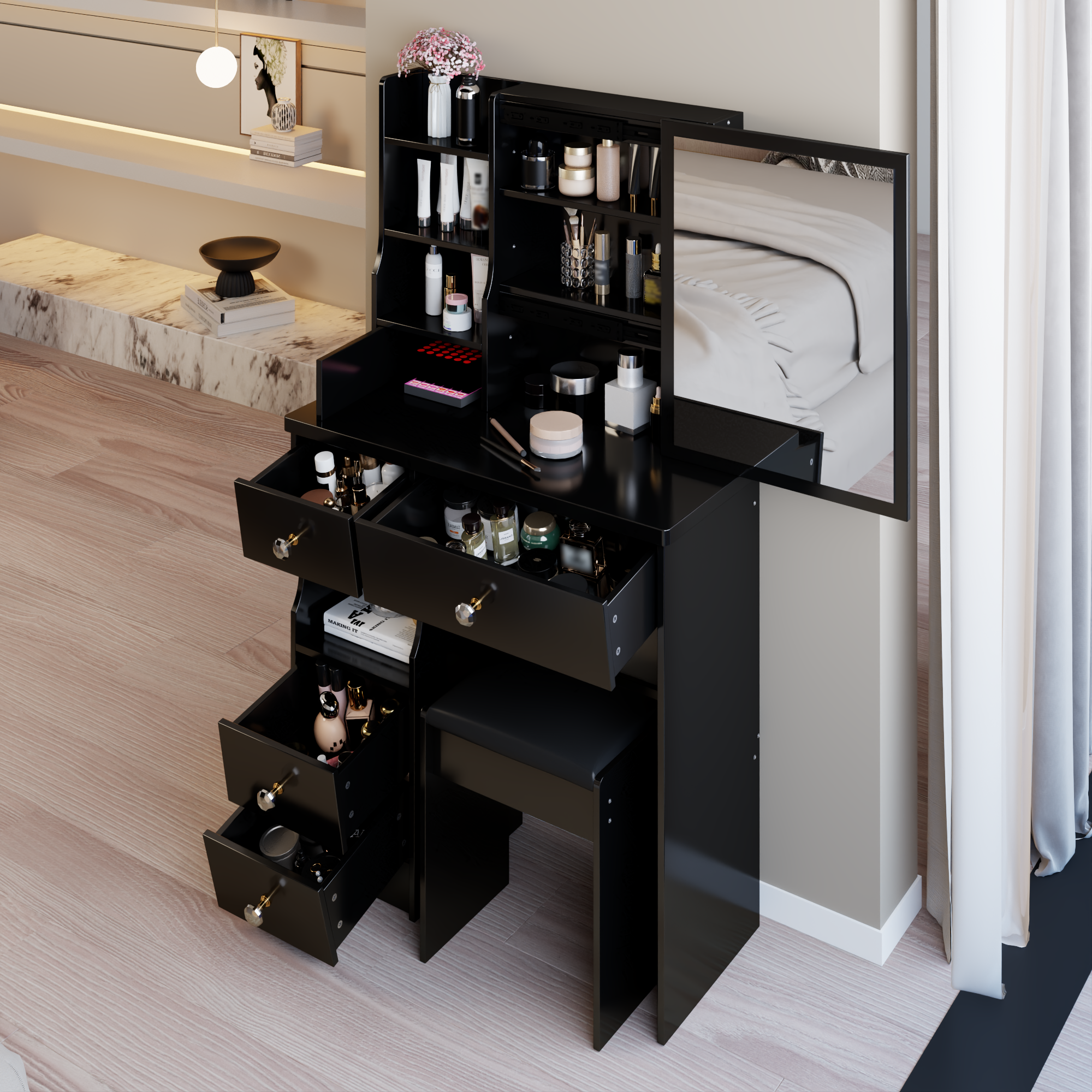 29.2' Small Space Left Drawer Desktop Vanity Table + Cushioned Stool, Extra Large Right sliding mirror, Multi Layer High Capacity Storage, Practical Fashionable Dresser, EPA, GCC, UL Certificate - Grand Goldman Shop