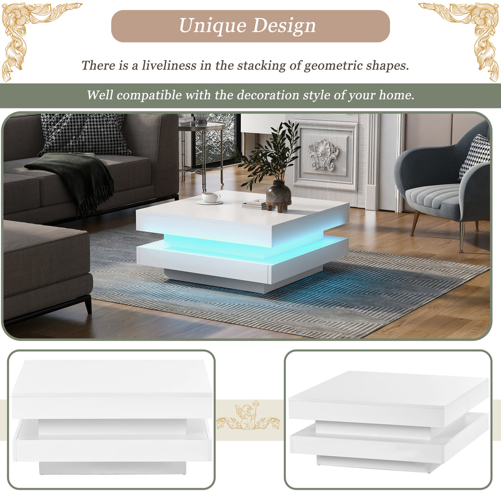 ON-TREND High Gloss Minimalist Design with LED Lights, 2-Tier Square Coffee Table, Center Table for Living Room, 31.5''x31.5''x14.2'', White - Grand Goldman Shop