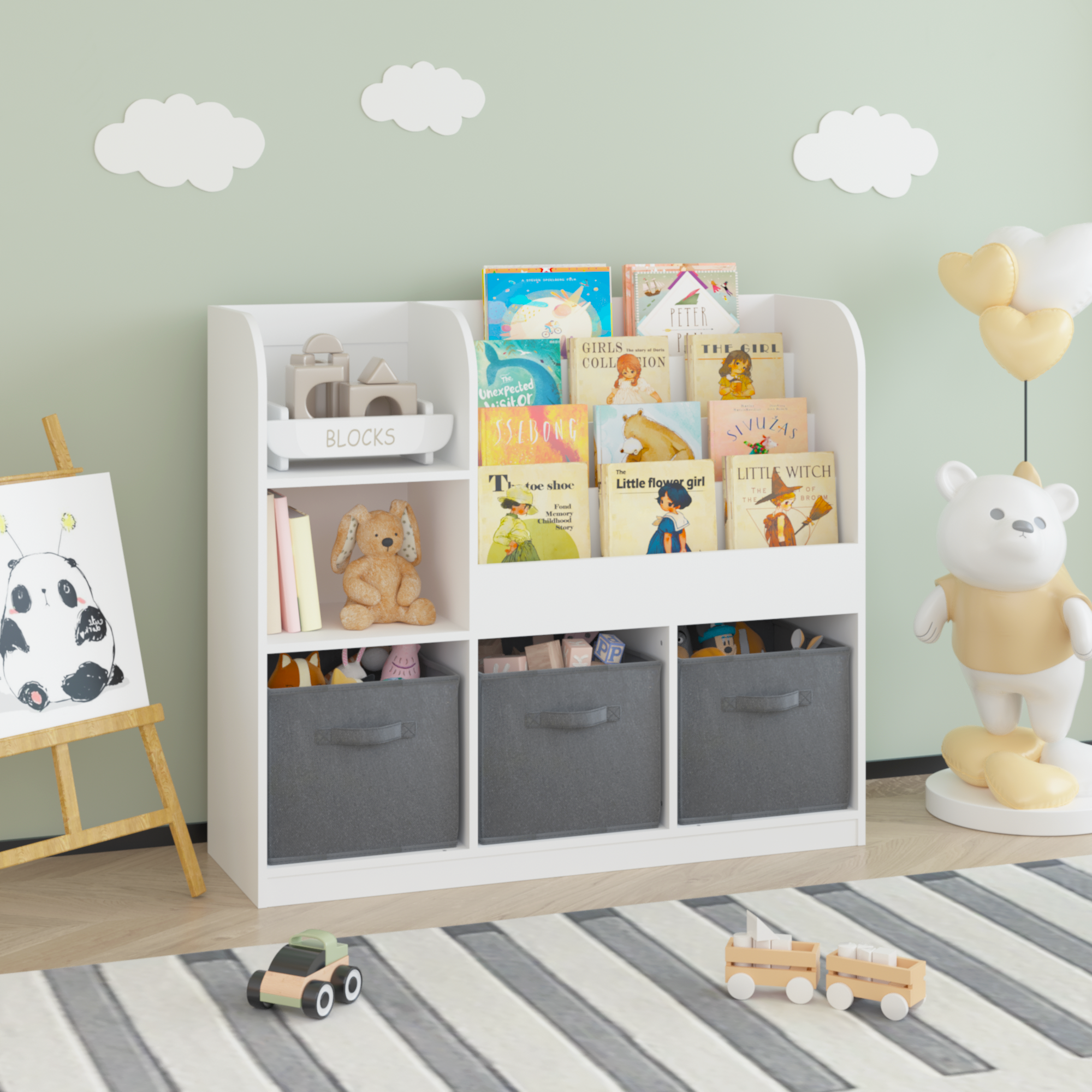 Kids Bookcase and Bookshelf with 3 Collapsible Fabric Drawers, Multifunctional Display Stand for Bedroom, Playroom, Hallway i