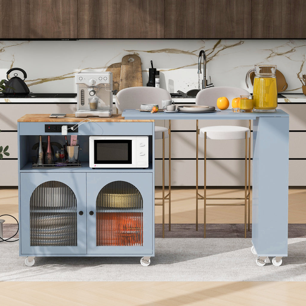 K&K Rolling Kitchen Island With Extended Table, Kitchen Island on Wheels with LED Lights,Power Outlets and 2 Fluted Glass Doors, Kitchen Island with a Storage Compartment and Side 3 Open Shelves, Grey - Grand Goldman Shop