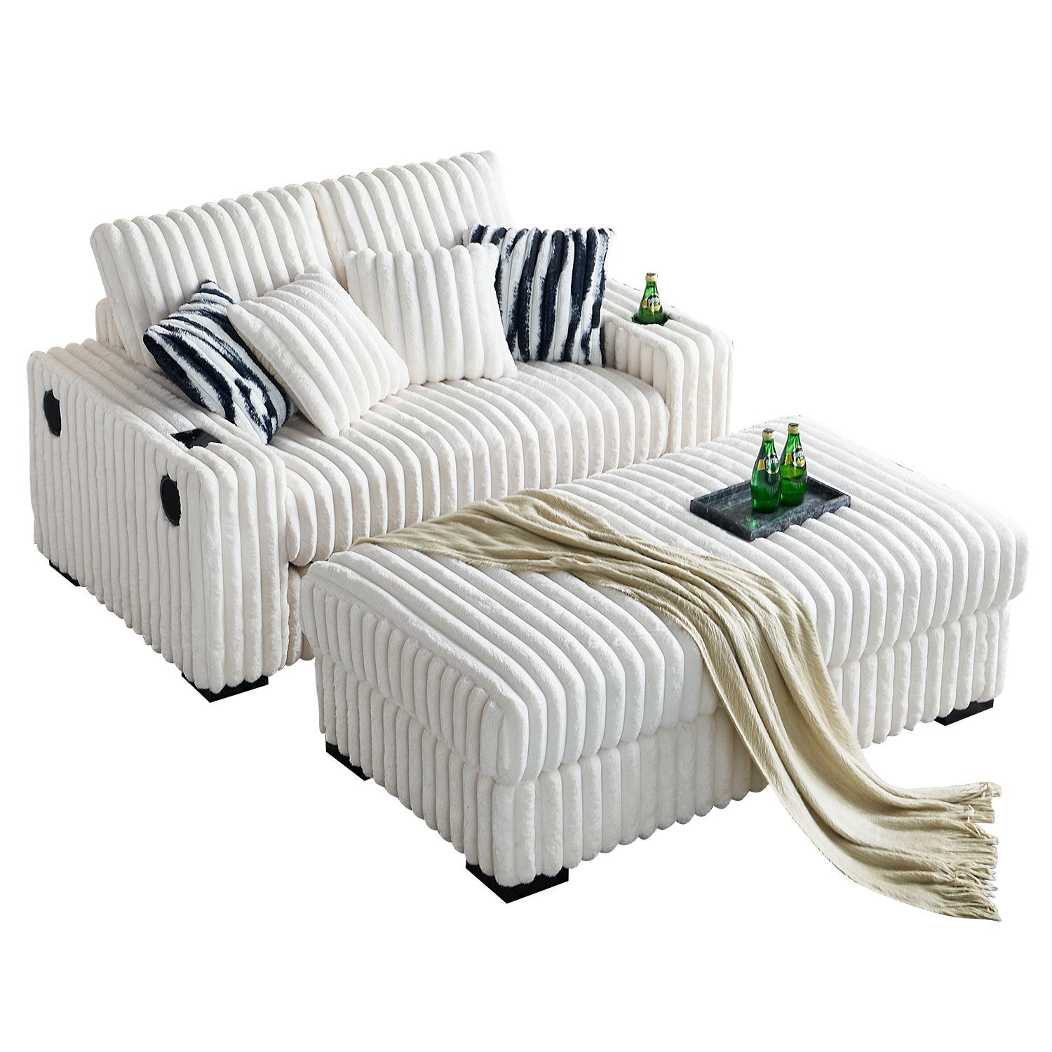 61.42Inch Square Arm Loveseat With Ottoman, 2PCS Back Cushions and 4PCS Toss Pillows, Cup Holder,Bluetooth Speaker,Wireless Charger,USB Ports for Living Room and Bedroom,Beige - Grand Goldman Shop