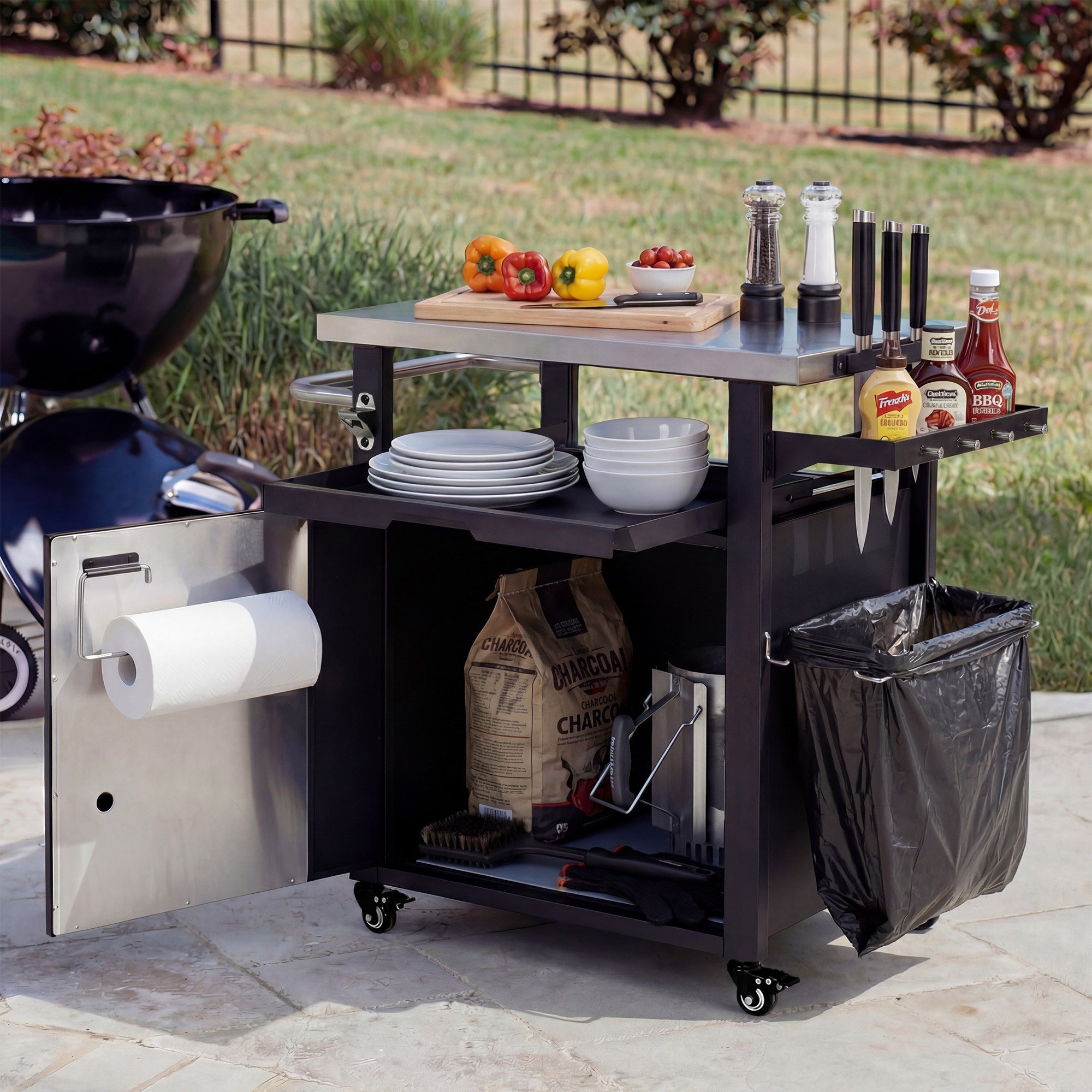 K&K 39.5' Outdoor Grill Cart with Storage Cabinet, Outdoor Bar Cart Pizza Oven Table with Wheels, Stainless Steel Top, Outdoor Kitchen Island with Spice & Paper Rack for BBQ, Waterproof Cover Included - Grand Goldman Shop