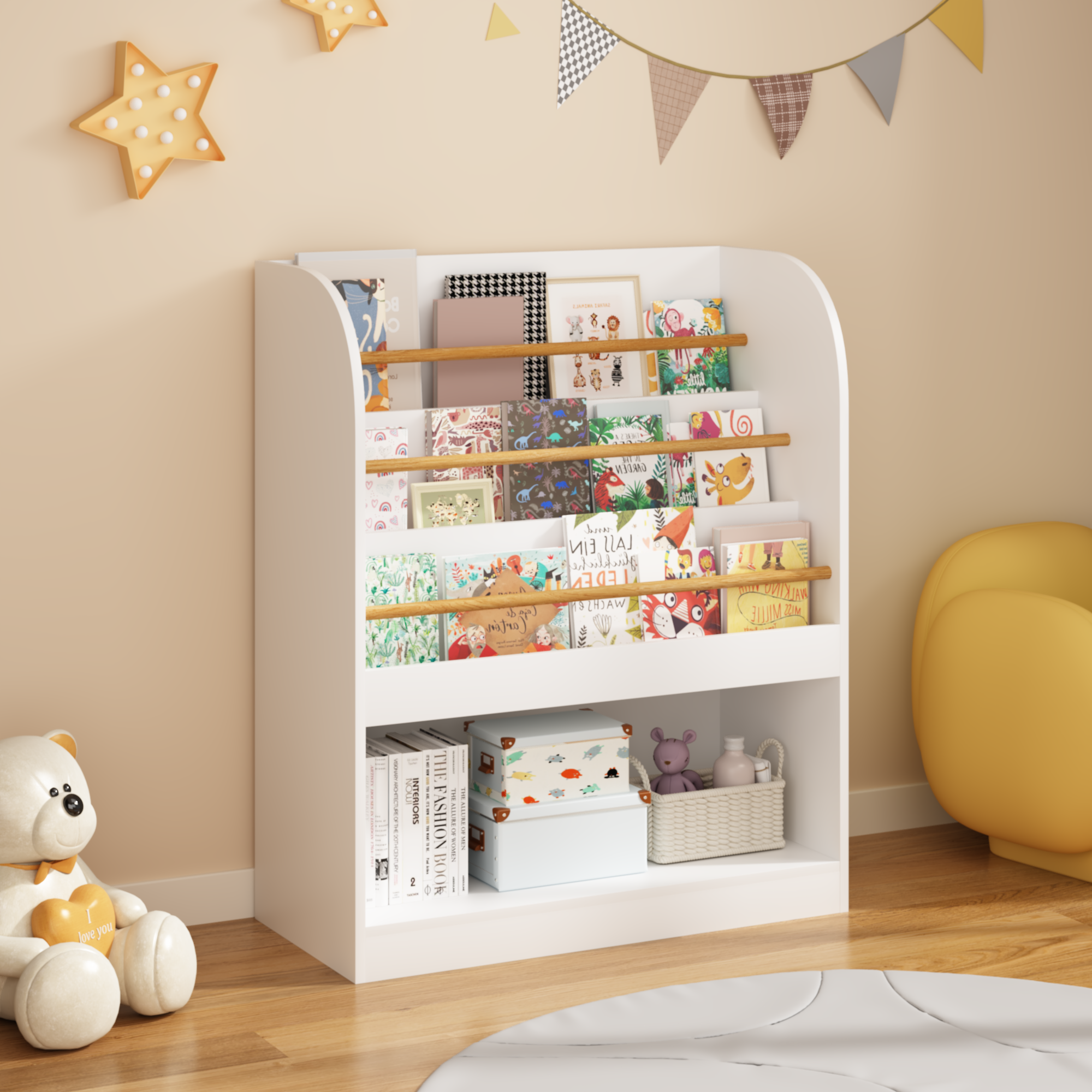 Kids Bookshelf with Open Storage, Front-Facing Children's Bookcase, Multi-Tier Wooden Book Display Shelf for Toddlers, Playro