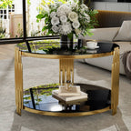 Modern Black Mirror Coffee Table, Asymmetrical Metal, Circular Metal Drum Base, Gold Finish & Lower Shelf - Grand Goldman Shop