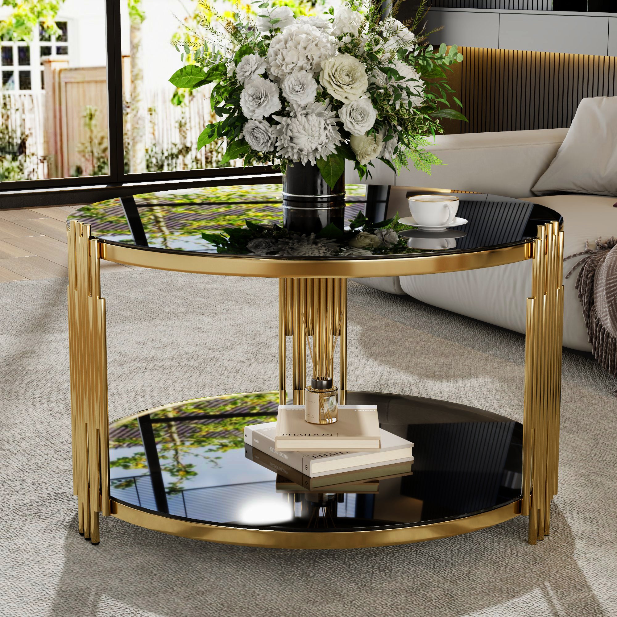 Modern Black Mirror Coffee Table, Asymmetrical Metal, Circular Metal Drum Base, Gold Finish & Lower Shelf - Grand Goldman Shop