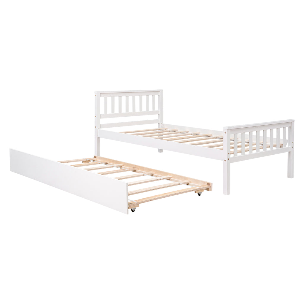 Twin Bed with Trundle, Platform Bed Frame with Headboard and Footboard, for Bedroom Small Living Space,No Box Spring Needed,White - Grand Goldman Shop