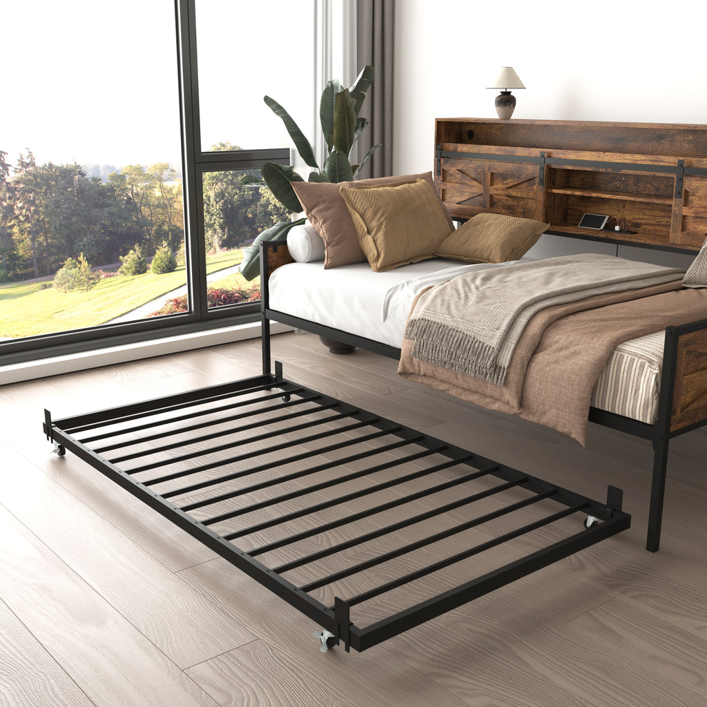 Twin Daybed with Trundle, Farmhouse Daybed Frame with Sliding Barn Door Headboard and Charging Station & LED Light for Bedroom and Guest Room, Rustic Brown - Grand Goldman Shop
