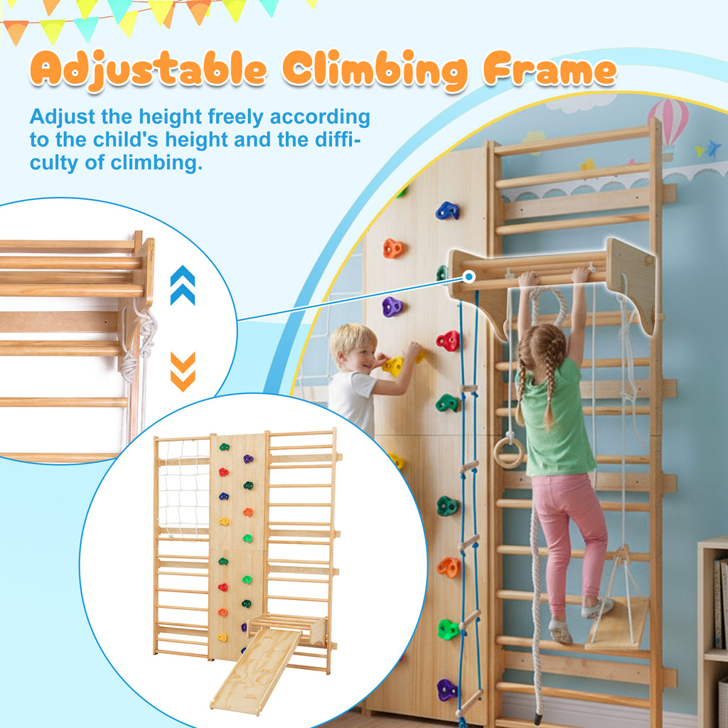 All-in-One 10-in-1 Indoor Climbing Set - Featuring a Rock Climbing Wall, Wooden Swings, Gymnastic Rings, Rope Ladders, and St