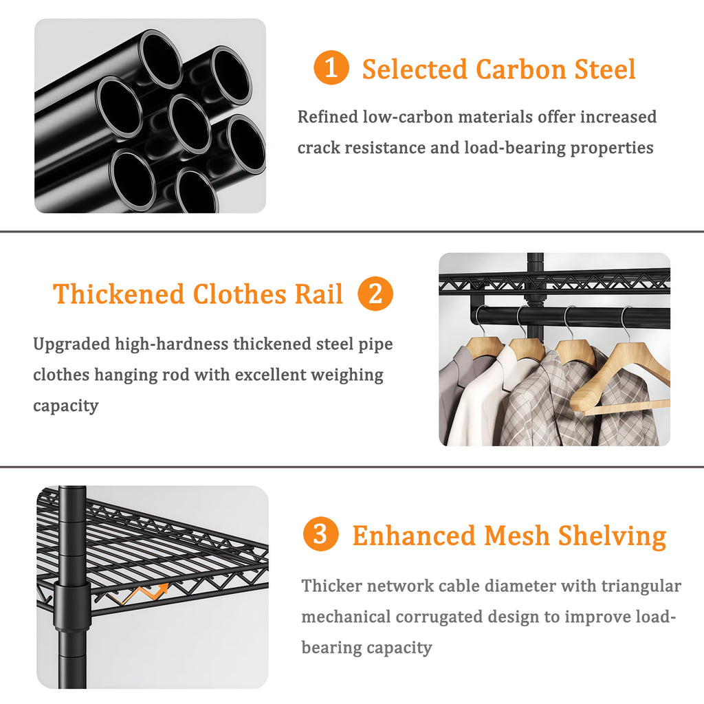 Heavy Duty Freestanding Clothes Rack, with 6 Adjustable Wire Shelves and 3 Garment Rails,Black Metal - Grand Goldman Shop