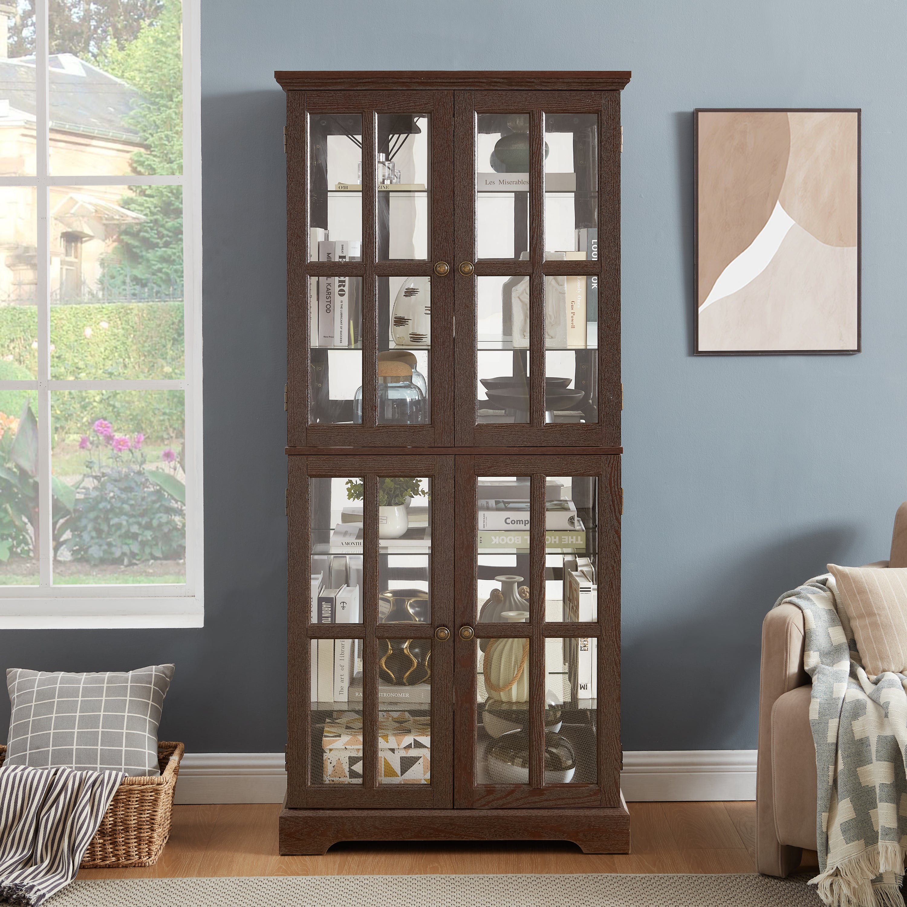 Curio Display Cabinet, Antique Display Cabinet with Glass Doors Adjustable Shelves for Collectibles Four Door Design Vintage Showcase for Home or Office Antique Display Case E26 Bulb Included CHE - Grand Goldman Shop
