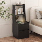 Nightstand with Charging Station, Smart Nightstand with Night Light, Modern Night Stand with Bookshelf, Bedside Tables with Storage Cabinet for Bedroom, Black - Grand Goldman Shop