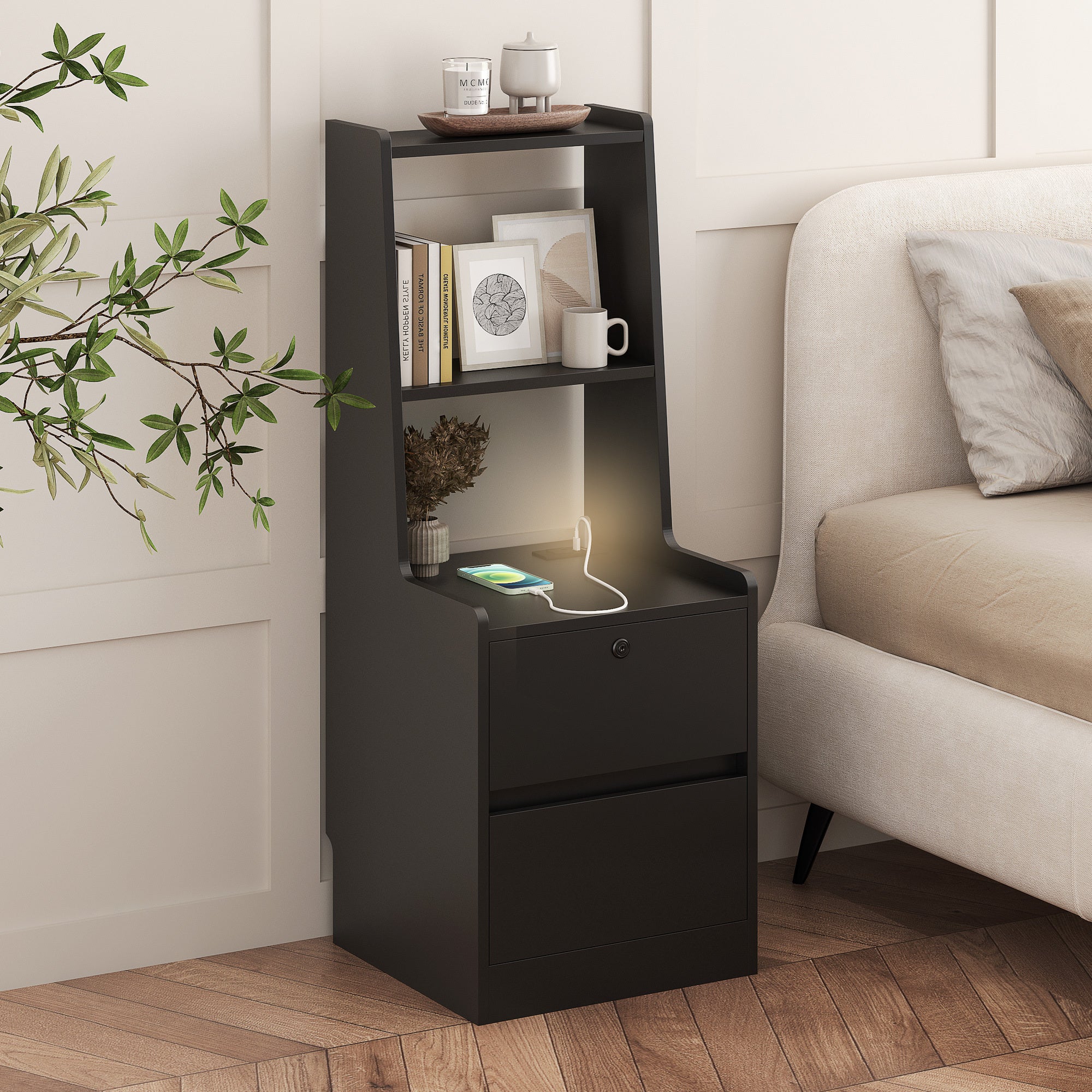 Nightstand with Charging Station, Smart Nightstand with Night Light, Modern Night Stand with Bookshelf, Bedside Tables with Storage Cabinet for Bedroom, Black - Grand Goldman Shop