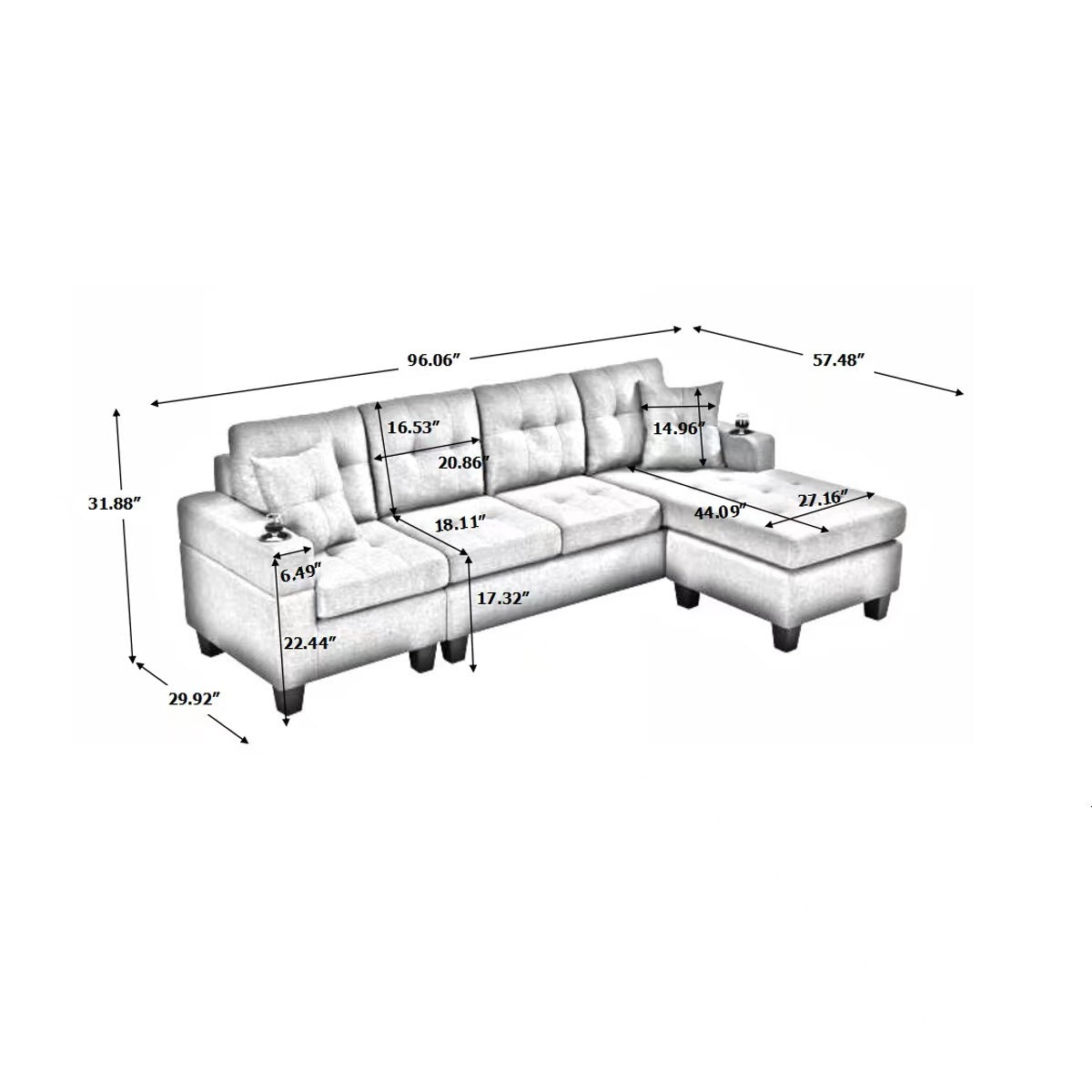 MEGA right sectional sofa with footrest, convertible corner sofa with armrest storage, living room and apartment sectional sofa, right chaise longue and grey - Grand Goldman Shop