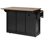 K&K 53.7' Farmhouse Kitchen Island with Power Outlet, 2 Sliding Barn Door Kitchen Storage Island with Drop Leaf, Spice Rack Rolling Kitchen Cart on Wheels, for Home, Kitchen and Dining Room, Black - Grand Goldman Shop