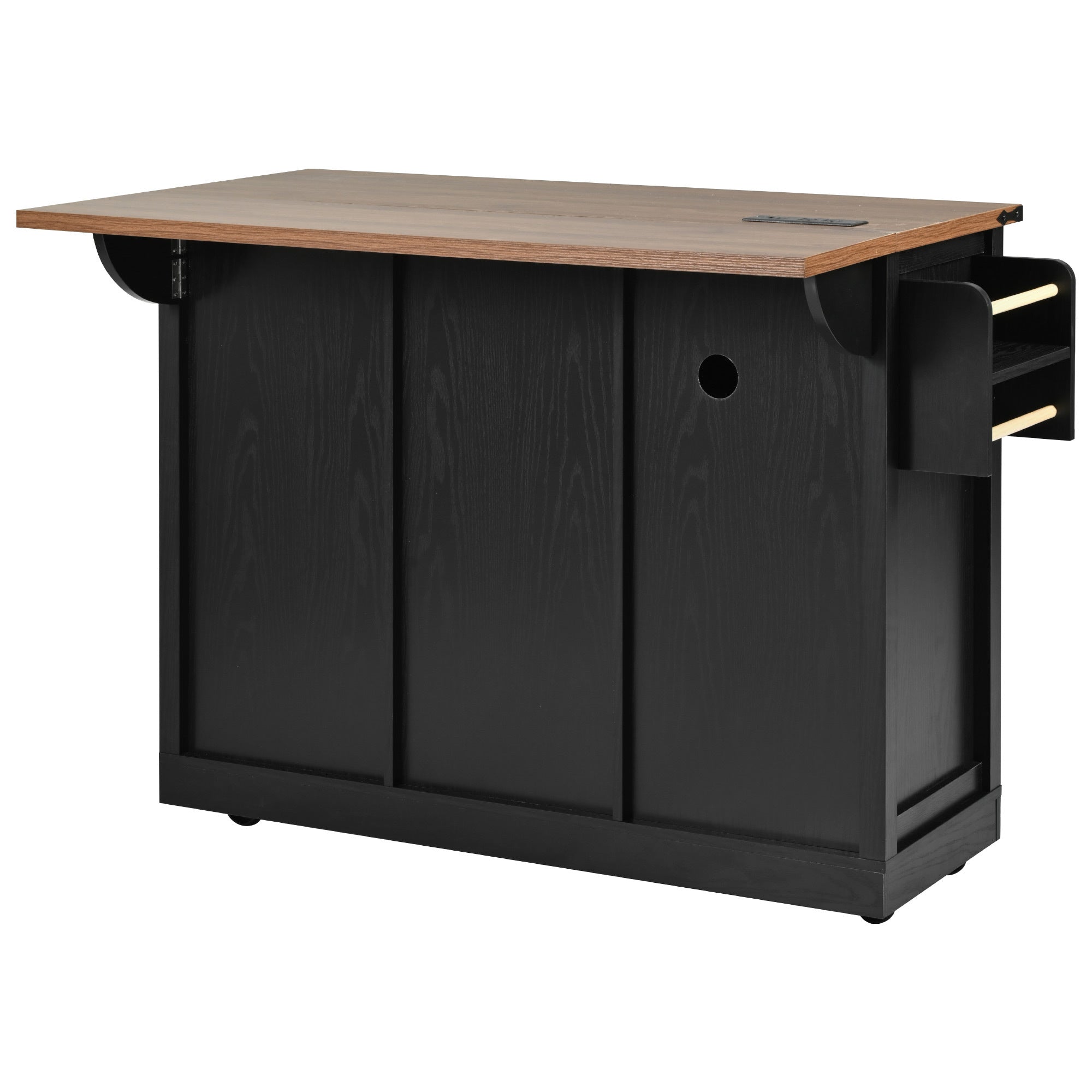 K&K 53.7' Farmhouse Kitchen Island with Power Outlet, 2 Sliding Barn Door Kitchen Storage Island with Drop Leaf, Spice Rack Rolling Kitchen Cart on Wheels, for Home, Kitchen and Dining Room, Black - Grand Goldman Shop