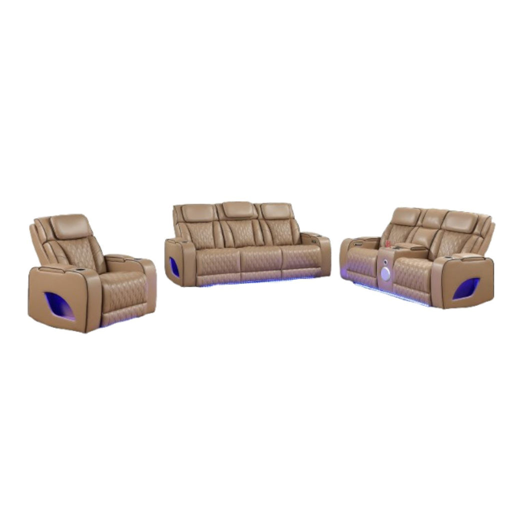 Fortuner Power Reclining 3Pc Living Room Set in Caramel Faux Leather with LED Lights, Massage Function, Bluetooth Speakers and Wireless Charging - Grand Goldman Shop